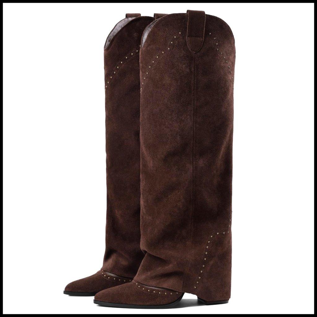 Knee High Studded Boots Fold Over Slouch Snip Toe Chunky Heel Chic Y2k